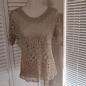 Roz & Ali Tan Crochet Lace Blouse